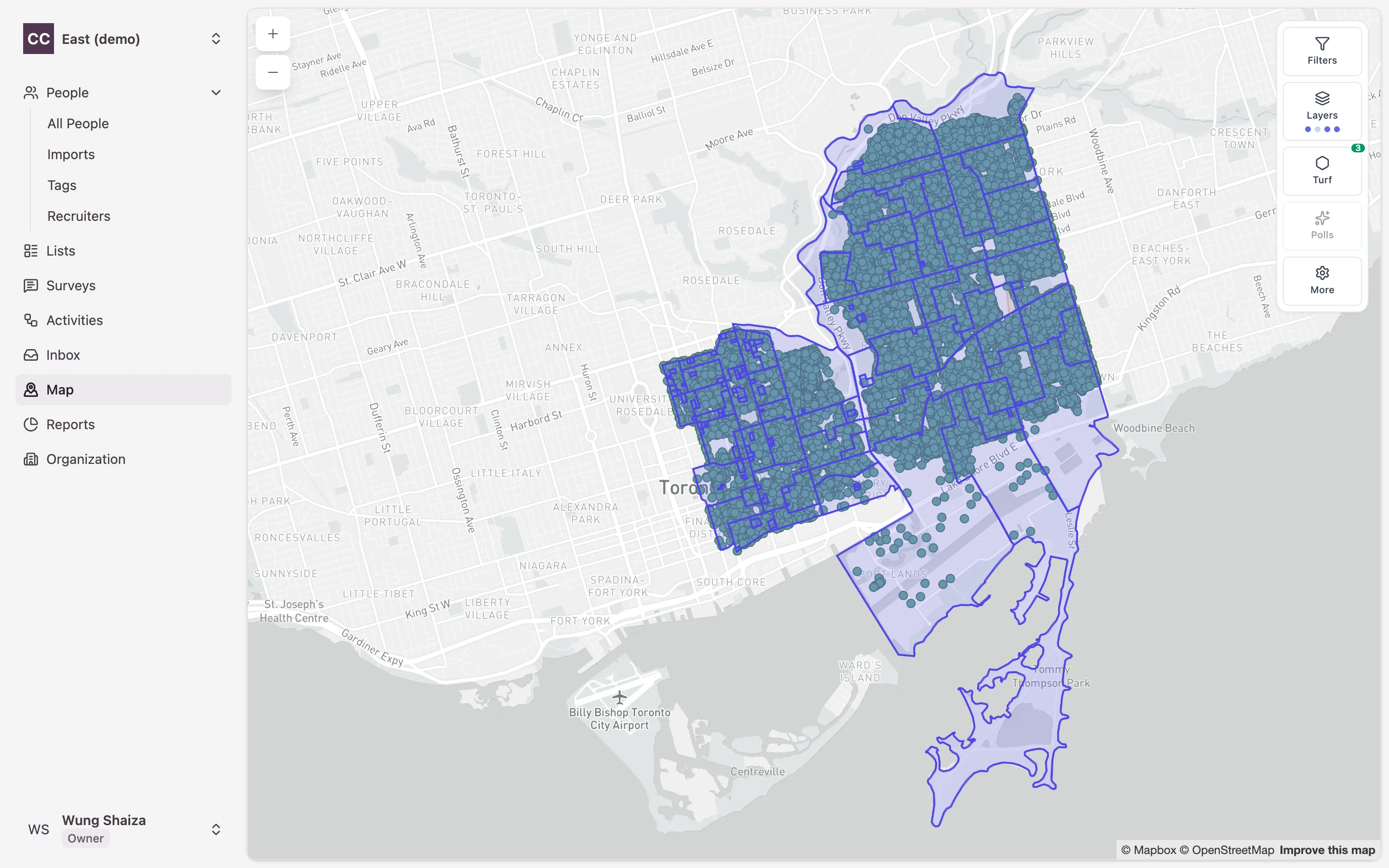 The CampaignCTRL map view with canvassing turfs and address points across a city