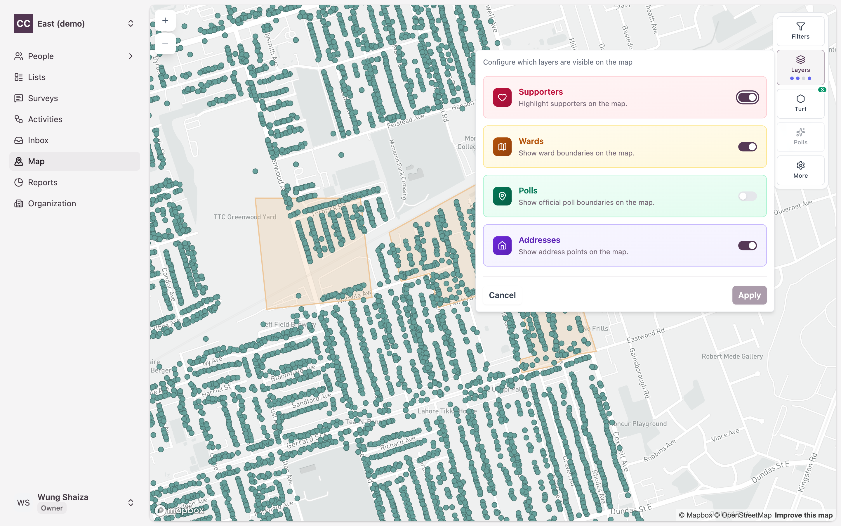 The Layers panel with the Addresses toggle turned on