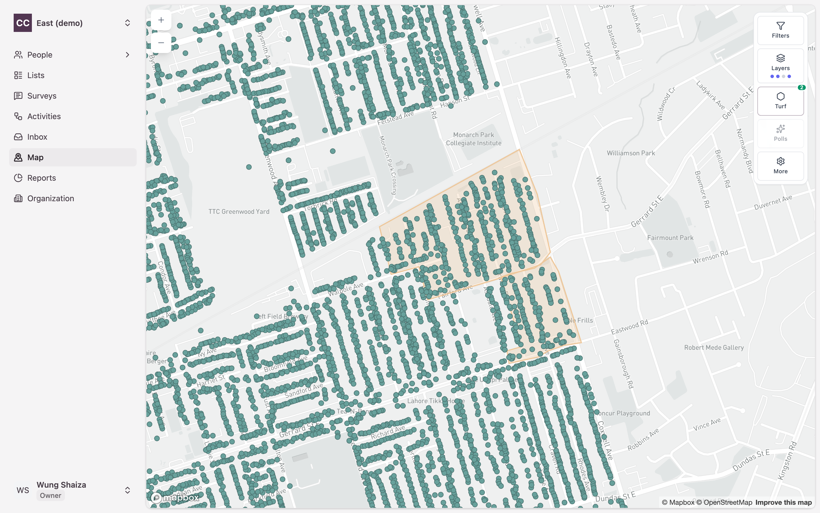 The Map showing address points, with the toolbar on the right