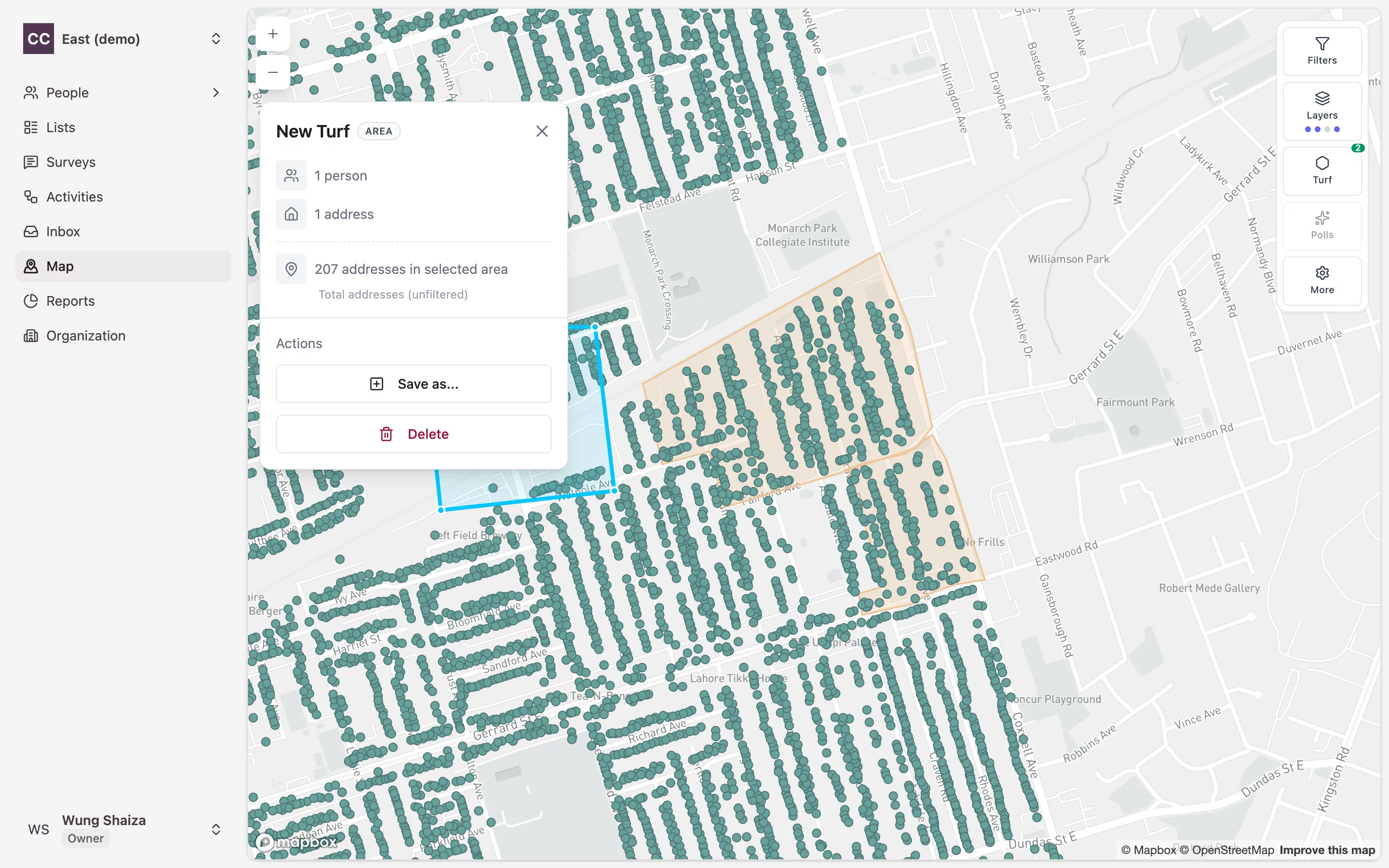 A turf drawn on the map showing the people and addresses that fall inside it