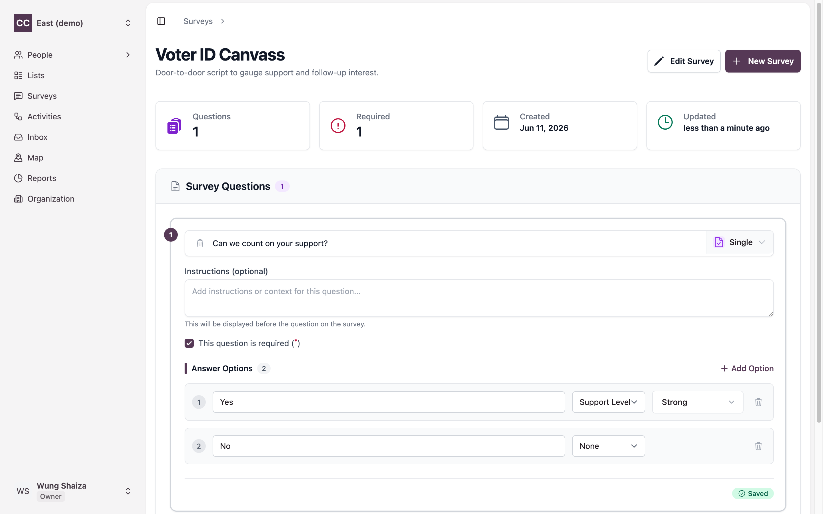 The survey editor showing a single-choice question with answer options, each with an action selector