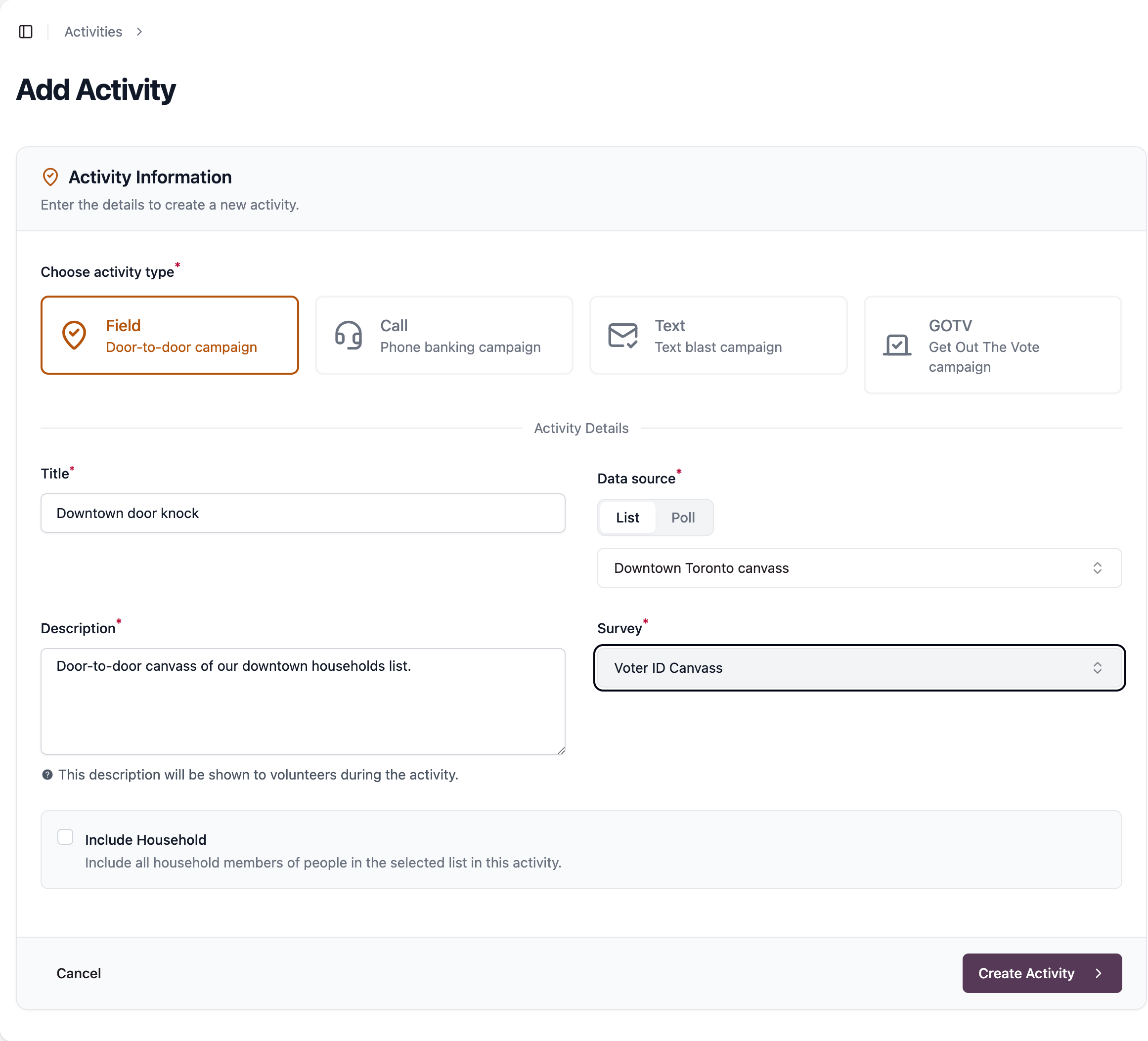 The completed Add Activity form — Field activity, List data source