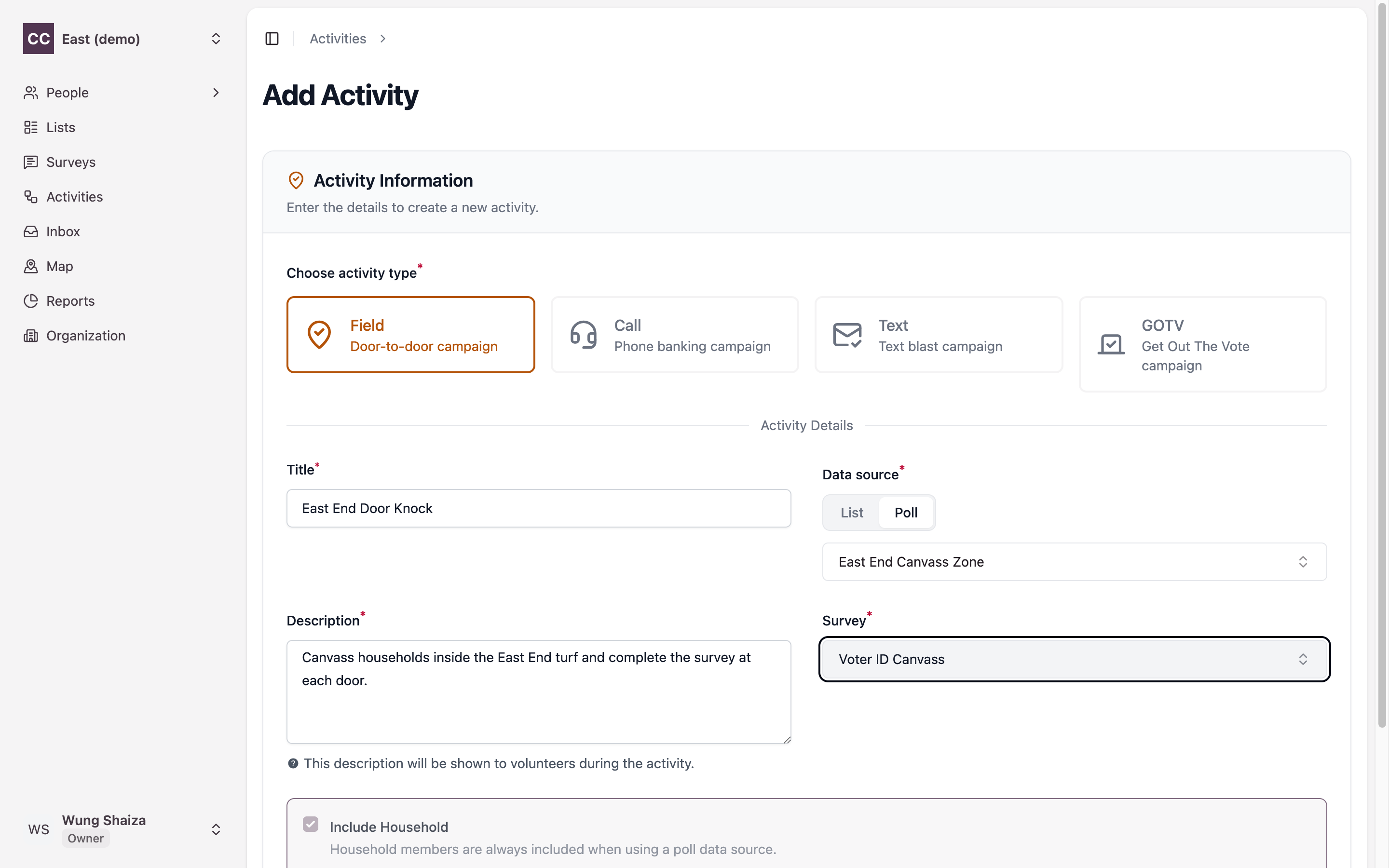 The completed activity form