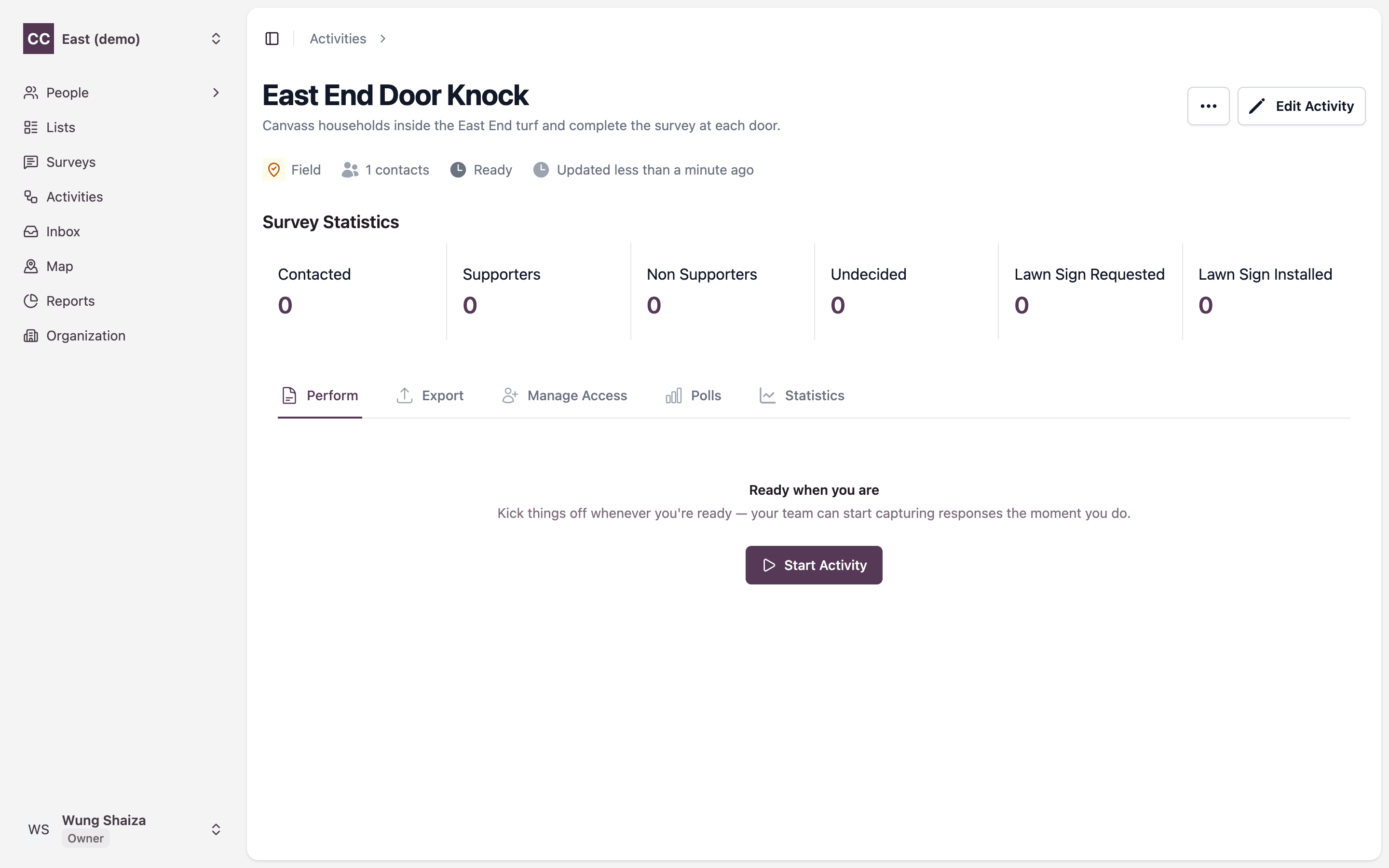 The created activity detail page