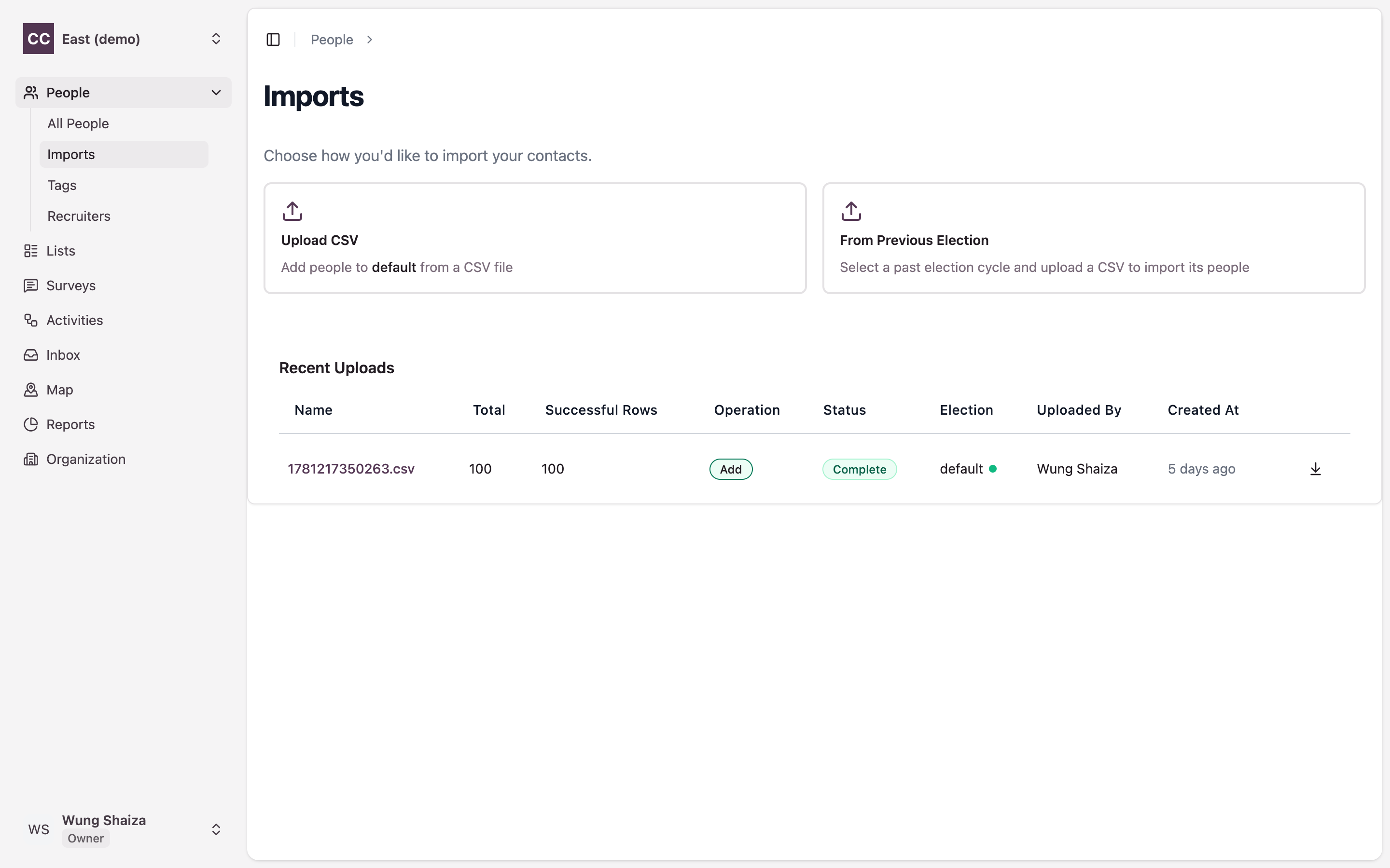 The Imports page with two method cards and the Recent Uploads table