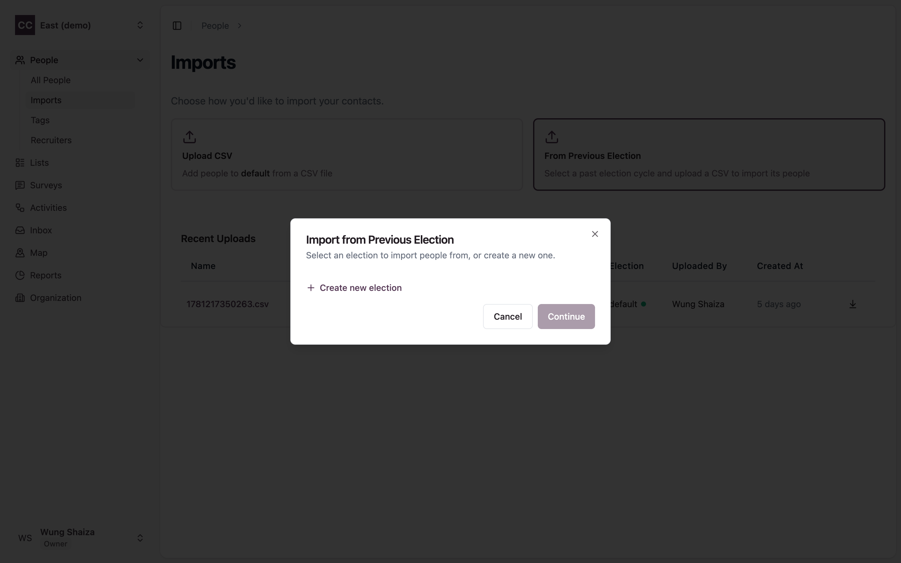 The Import from Previous Election dialog