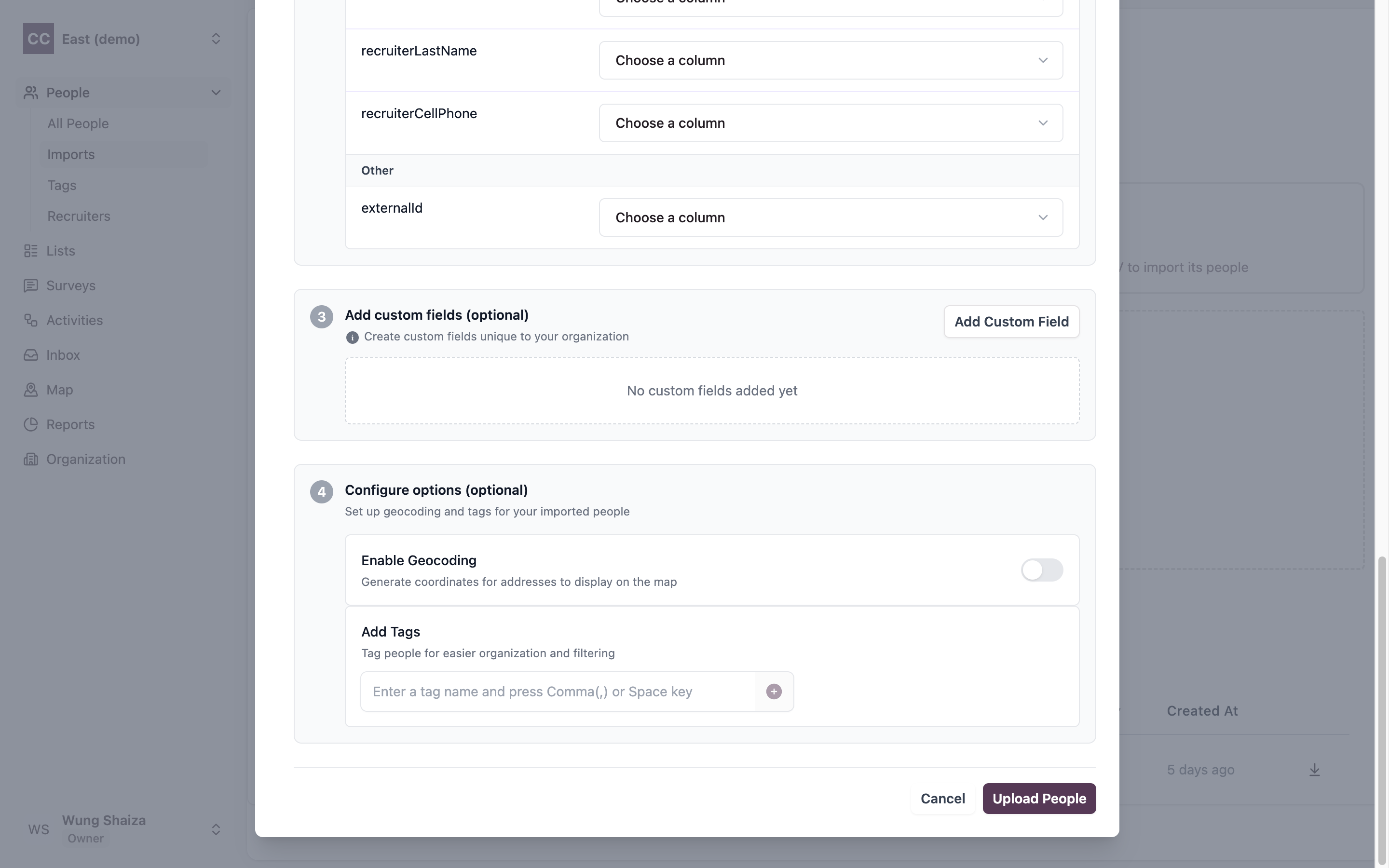The optional custom fields and configure options sections, with the Upload People button