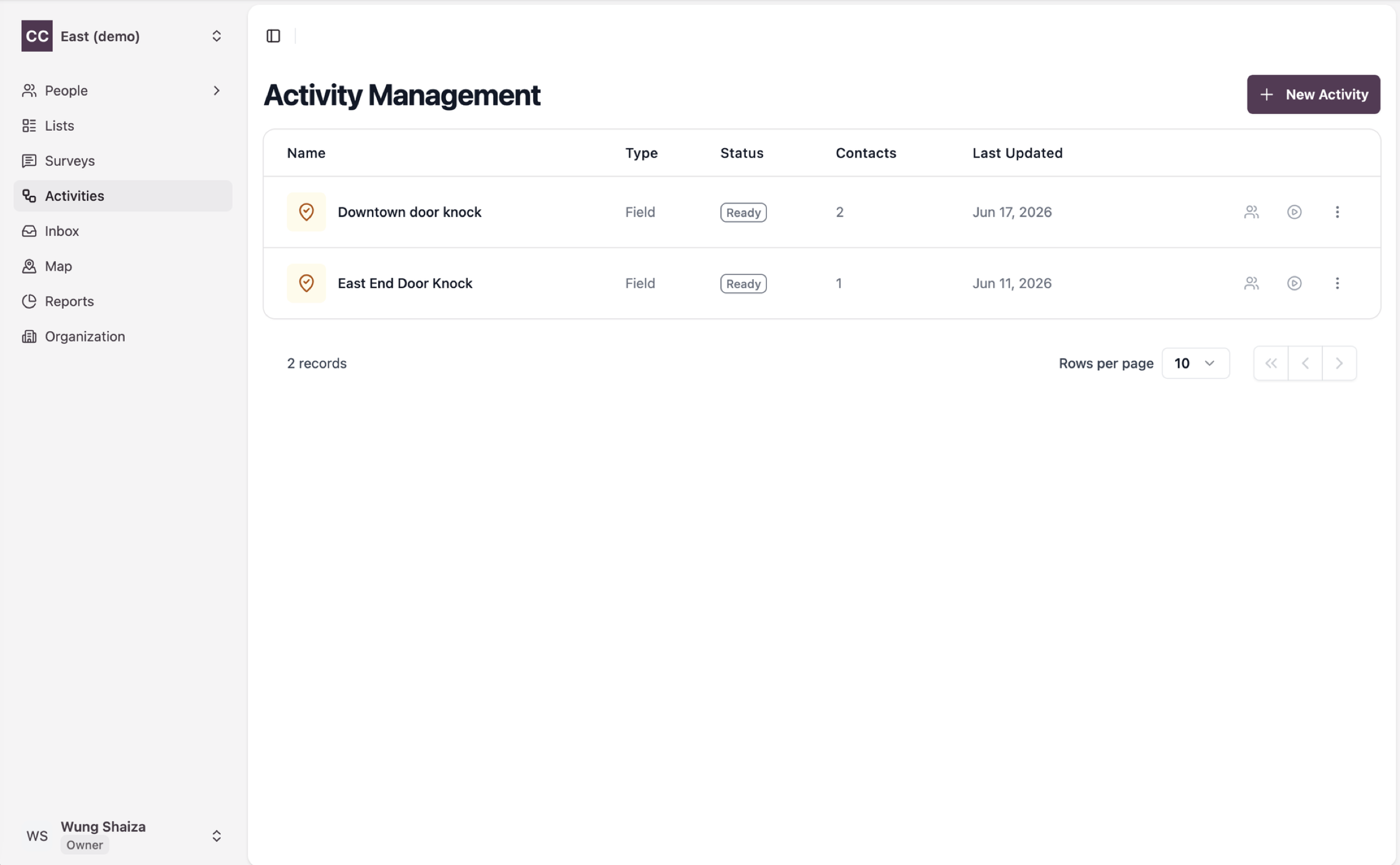 The Activities page with the New Activity button