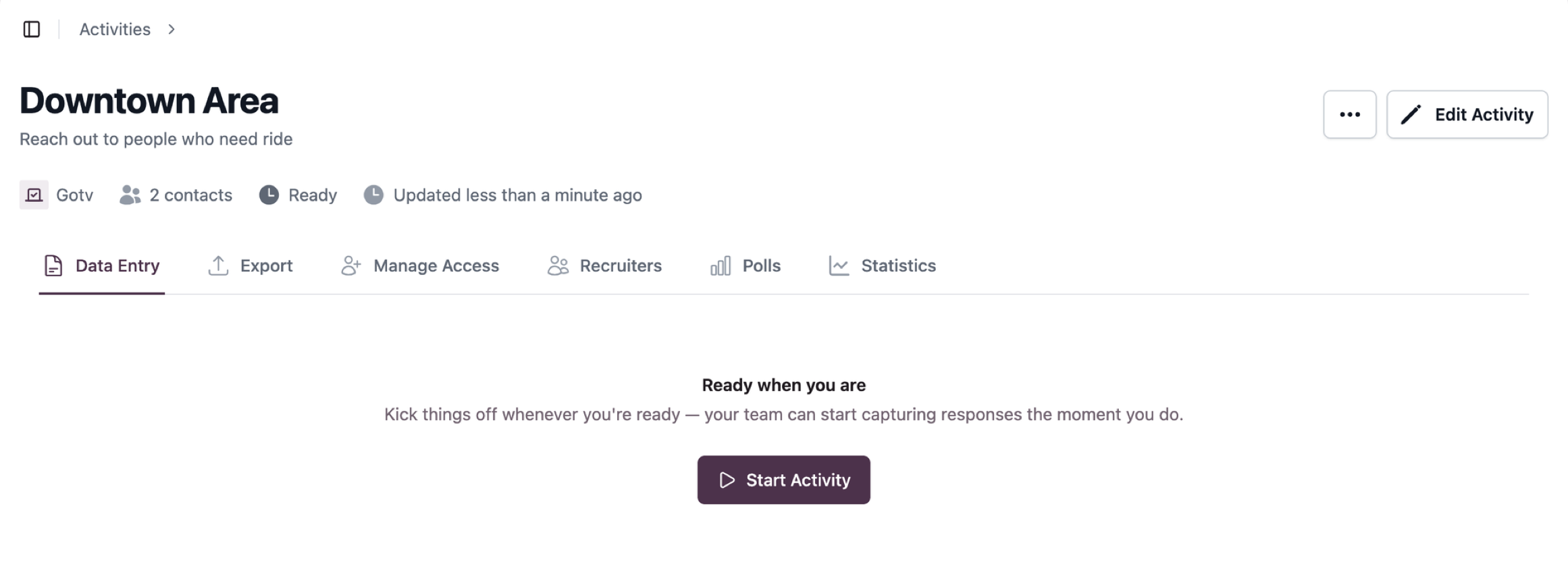 The new GOTV activity on its Data Entry tab, Ready to start